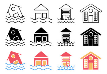 Flooded house icon collection on white background