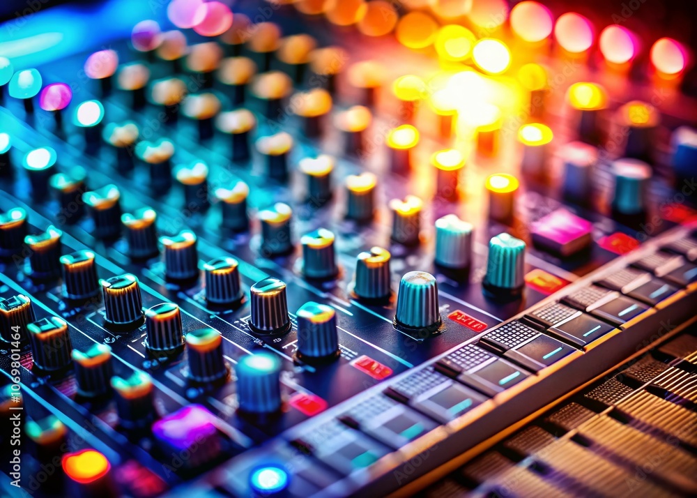 Poster tilt-shift photography of sound adjustment icons featuring volume controllers, equalizer sliders, an