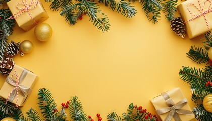 Fototapeta premium Frame With Copy Space Christmas New Year Gift Card Greeting Yellow Box Boxes Background