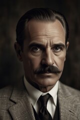 Fototapeta premium portrait of a man with a thick mustache with neatly combed hair wearing a neat suit with a black and white old style photo