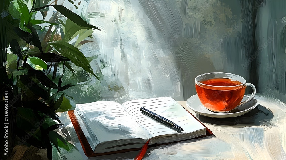 Aufkleber cozy and inviting reading nook setup with a notebook a cup of tea and a pen on a solid background pe