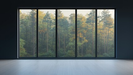Spacious interior featuring large windows with a serene view of green trees, perfect for nature-inspired designs.