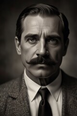 Obraz premium portrait of a man with a thick mustache with neatly combed hair wearing a neat suit with a black and white old style photo