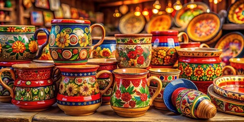 Traditional Russian Wooden Tableware: Hand-Painted Mugs and Cups Showcasing Colorful Folk Art Designs and Intricate Patterns for Authentic Cultural Appreciation