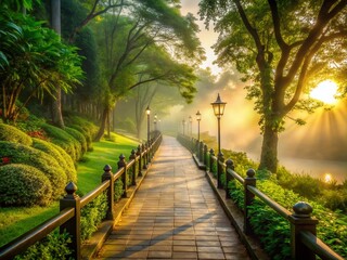 Fototapeta premium Tranquil Empty Walkway at Dawn: Serene Early Morning Landscape Capturing Nature's Beauty with Soft Light and Calm Atmosphere in a Peaceful Outdoor Setting