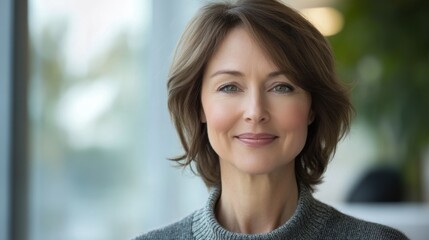 Smiling professional woman, middle-aged, looking at the camera with confidence, indoor setting
