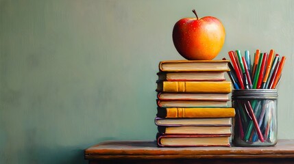 Cozy autumn inspired arrangement featuring a stack of yellow books crowned by an apple alongside a container filled with colored markers and scissors all set against a pale olive green wall