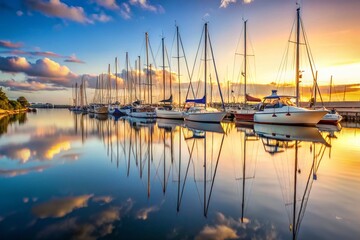 Tranquil Reflections of Yacht Masts in a Picturesque Marina at Dawn with Calm Waters and a Serene Atmosphere Captured in High Depth of Field