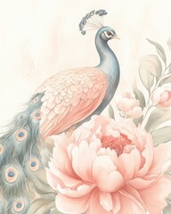 Obraz premium Peacock Serenity: A delicate watercolor illustration of a majestic peacock perched amidst blooming pink peonies, evoking a sense of grace and tranquility. 