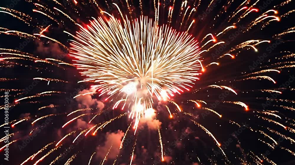 Poster camera zooms in on a vibrant fireworks display with bright, vivid lighting, creating an intricate ta