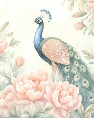 Serene Peacock Amidst Pastel Peonies 