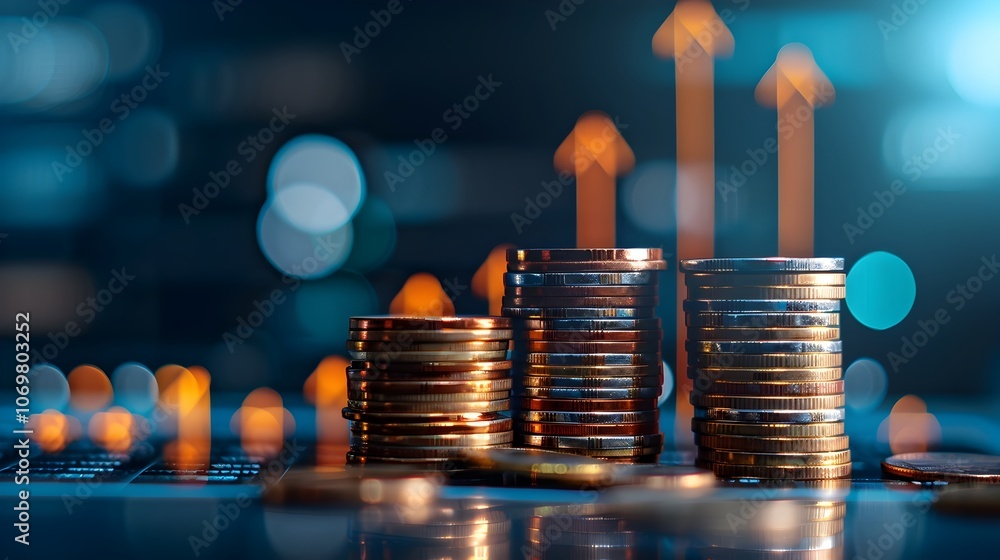 Aufkleber stacked coins placed on top of a financial document with upward pointing arrows representing the gro