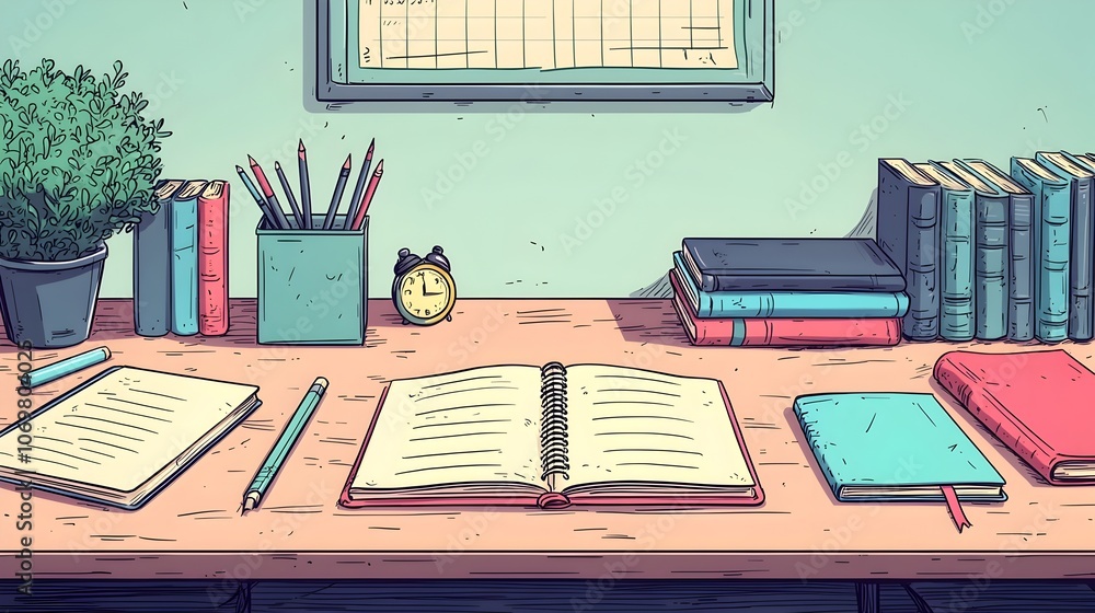 Poster Desk with an Assortment of Textbooks Notebooks and Writing Instruments Arranged for Productive Academic Work and Studying