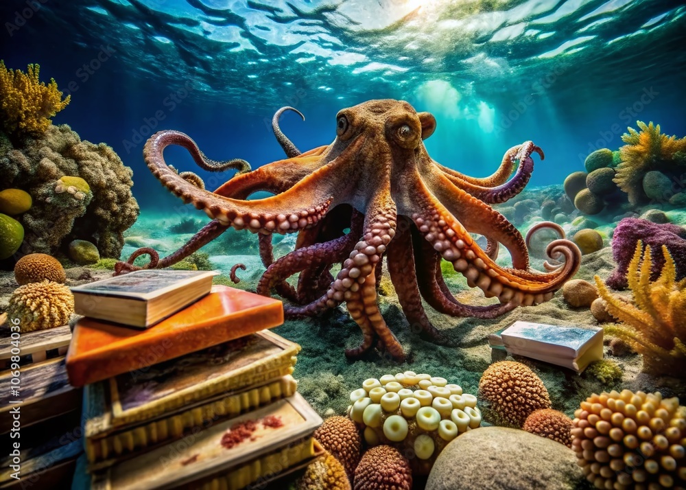 Poster underwater octopus librarian organizing ancient scrolls in submerged coral library with high depth o