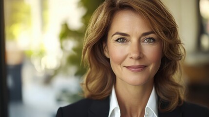Fototapeta premium Successful woman headshot portrait, mature European businesswoman, confident expression, indoor setting