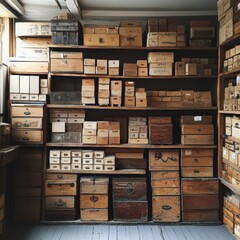 Antique Wooden Storage Boxes Cabinets Vintage Crate Collection Old Room Interior
