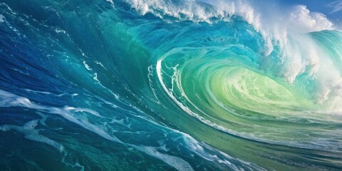 Fototapeta premium A massive wave crashes and curls, revealing a vibrant turquoise and green interior, its crest illuminated by a bright sunlight, creating a stunning natural spectacle.