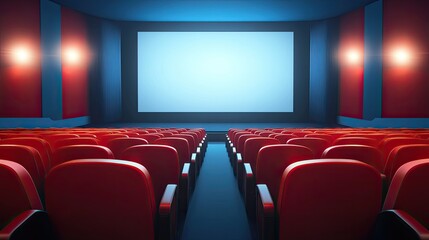 Fototapeta premium Empty Movie Theater with Red Seats and Blank Screen