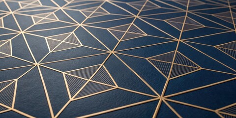A mesmerizing geometric pattern of gold lines on a deep blue background, creating an intricate and captivating optical illusion.