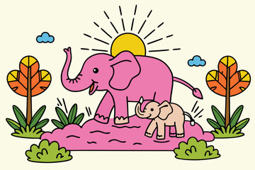 adorable elephants in lush green forest illustration