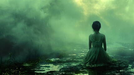 Obraz premium A Woman Sitting in the Rain, Lost in Thought, Surrounded by Fog and Green