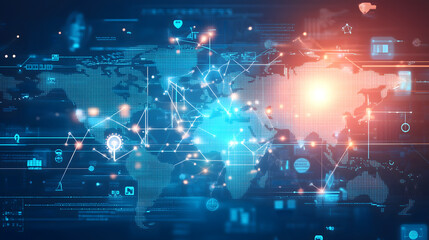 Obraz premium An image of a world map overlaid with interconnected lines and nodes, representing global shipping routes and data flow. The map features glowing lines to signify real-time data and technological int