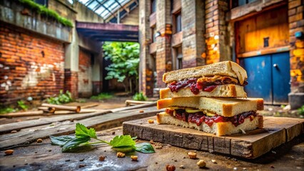 Fototapeta premium Urban Exploration Photography Featuring a Creative Twist on PB&J in Abandoned Settings with Vibrant Colors and Textures Capturing the Essence of Street Art and Culinary Fusion