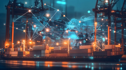 An image of a world map overlaid with interconnected lines and nodes, representing global shipping routes and data flow. The map features glowing lines to signify real-time data and technological int