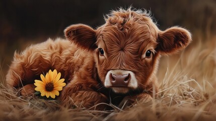 Baby highland cow with a flower