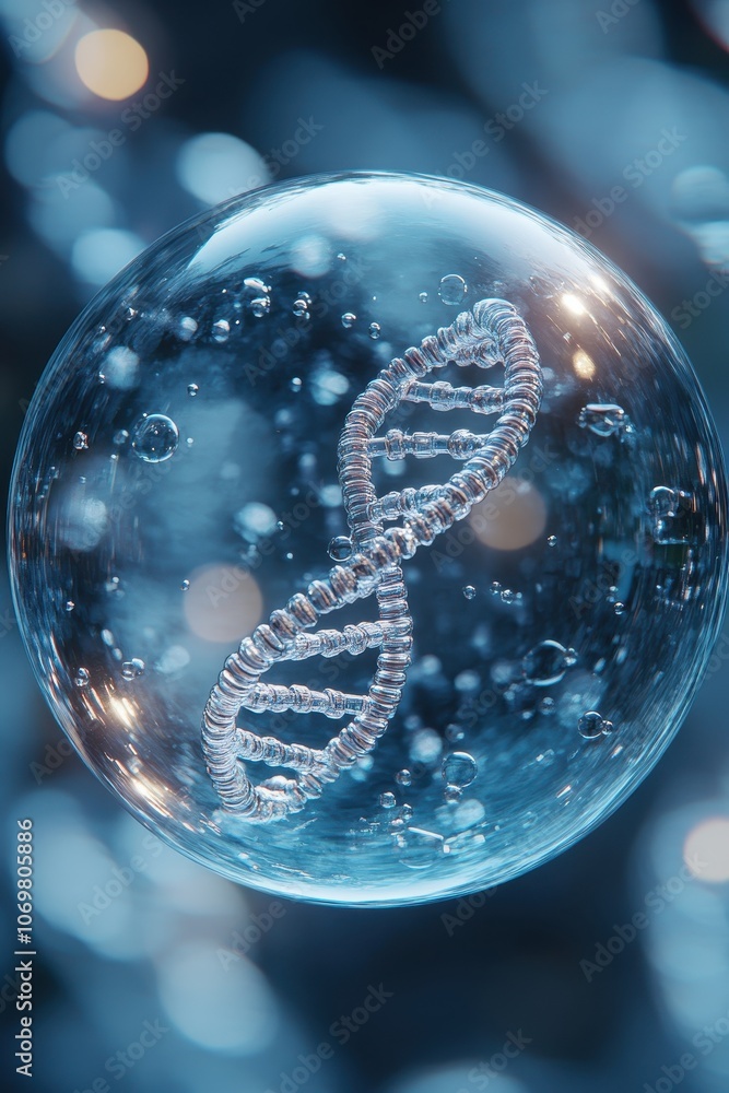 Wall mural intricate dna helix encapsulated in a glass sphere with bokeh background highlighting genetic scienc