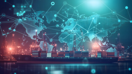 Fototapeta premium An image of a world map overlaid with interconnected lines and nodes, representing global shipping routes and data flow. The map features glowing lines to signify real-time data and technological int