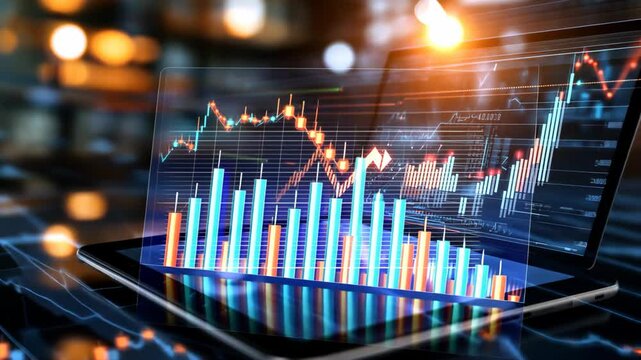 digital financial graph hologram on screen with world map, business and financial abstract background