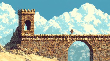 Pixel Art Ancient Stone Bridge Desert Landscape Gamer Adventure