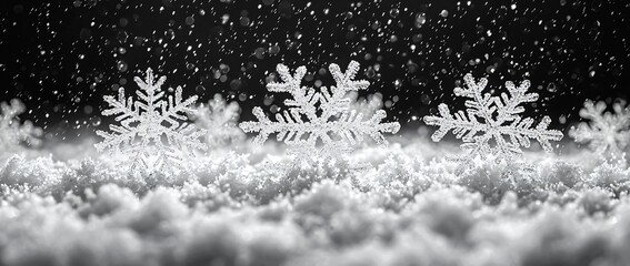Obraz premium Serene winter snowflakes gently fall against a dark backdrop, perfect for holiday designs, winter marketing, or seasonal greetings.