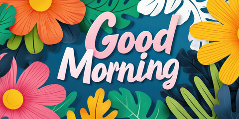 Good morning with vibrant flowers and leaves in colorful design