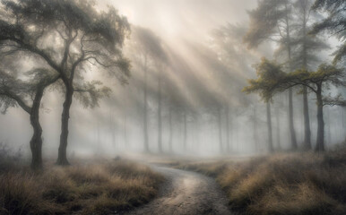 Fototapeta premium Mysterious Foggy Forest with Twisted Trees