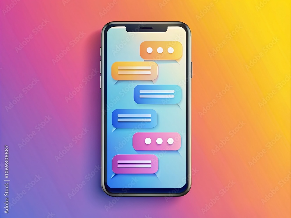 Poster vector illustration of a smart phone displaying messenger chat screen with sms template bubbles for 