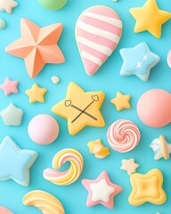 Colorful candy shapes on blue background story concept idea with festive atmosphere