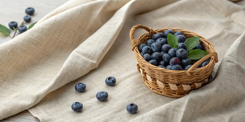 A woven basket filled with plump, juicy blueberries, resting on a soft, natural linen cloth,...