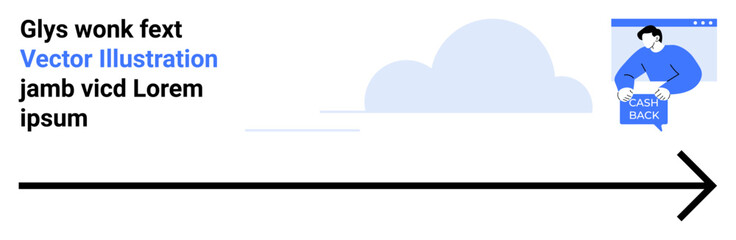Person holding a cashback symbol on a computer window, large cloud in the background, arrow. Ideal for financial services, cashback offers, e-commerce, marketing, business promotions, websites, apps