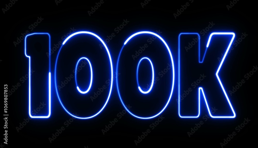Aufkleber 100k text font with light. luminous and shimmering haze inside the letters of the text 100k. 100 k n