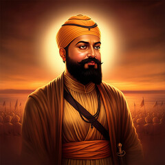 Inspiring portrait of Guru Gobind Singh Ji with a glowing sunset background, symbolizing strength, resilience, and spiritual leadership in Sikhism