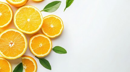 Fototapeta premium Fresh juicy oranges with vibrant green leaves isolated on clean white background