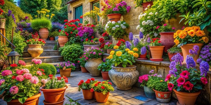 Vibrant Architectural Photography Featuring Colorful Garden Flowers in Pots Adorning a Beautiful Outdoor Space with Natural Light and Lush Greenery