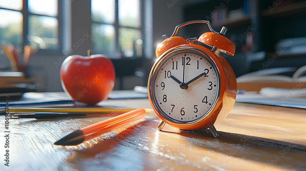 Poster engaging 3d still life composition showcasing an orange alarm clock shiny red apple and various scho
