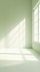 Sunlit Minimalism:  A serene and minimalist interior design concept with soft green walls and a large window casting gentle rays of sunlight across the space.  