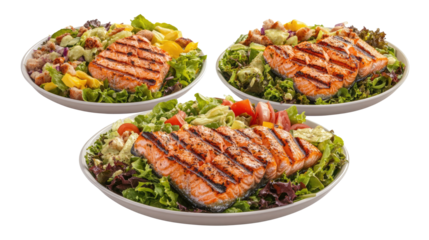 Grilled Salmon Plates With Fresh Salads on a Transparent Background Generative AI