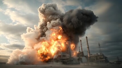 Dramatic and intense explosion at an industrial power plant with towering flames and billowing black smoke engulfing the surrounding machinery and infrastructure in a chaotic