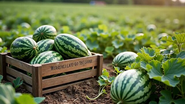 A small crate of watermelons in a field of watermelons. A summery, colorful harvest.