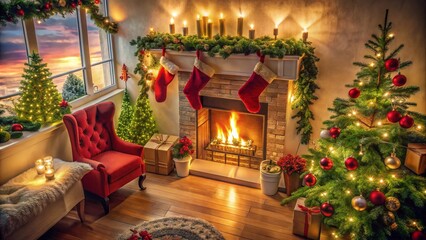 Aerial View of a Cozy Living Room with a Red Christmas Stocking Hung Over a Crackling Fireplace Surrounded by Festive Decorations and Warm Holiday Atmosphere